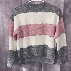 Coco and Shay Women's Small Striped Knit Sweater Women Pink Grey White Casual